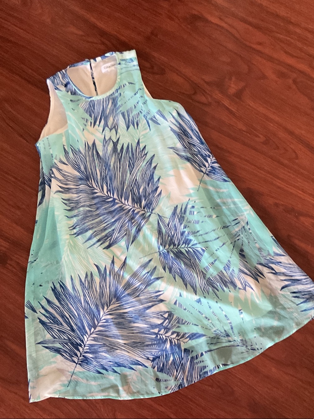 Calvin Klein Mint and Blue Palm-Print Sleeveless dress